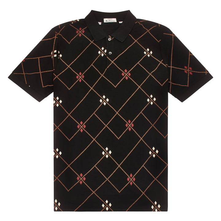 Ben Sherman Argyle Knit Polo Shirt Black