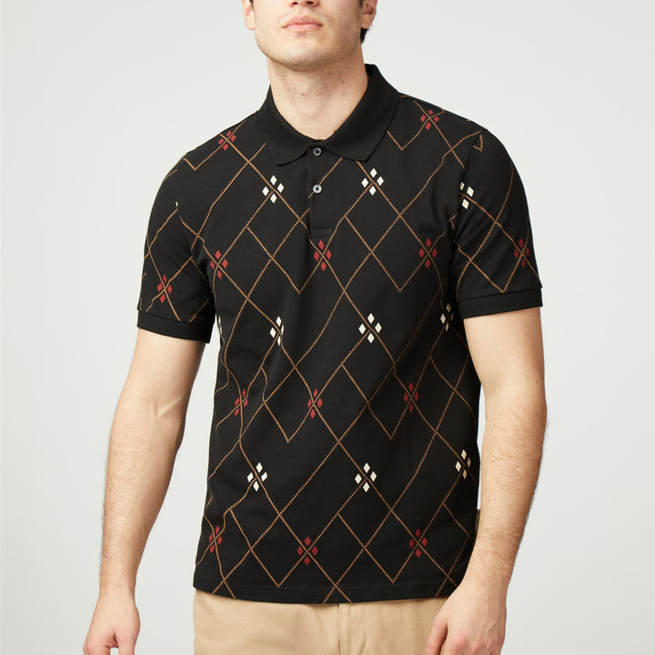 Ben Sherman Argyle Knit Polo Shirt Black