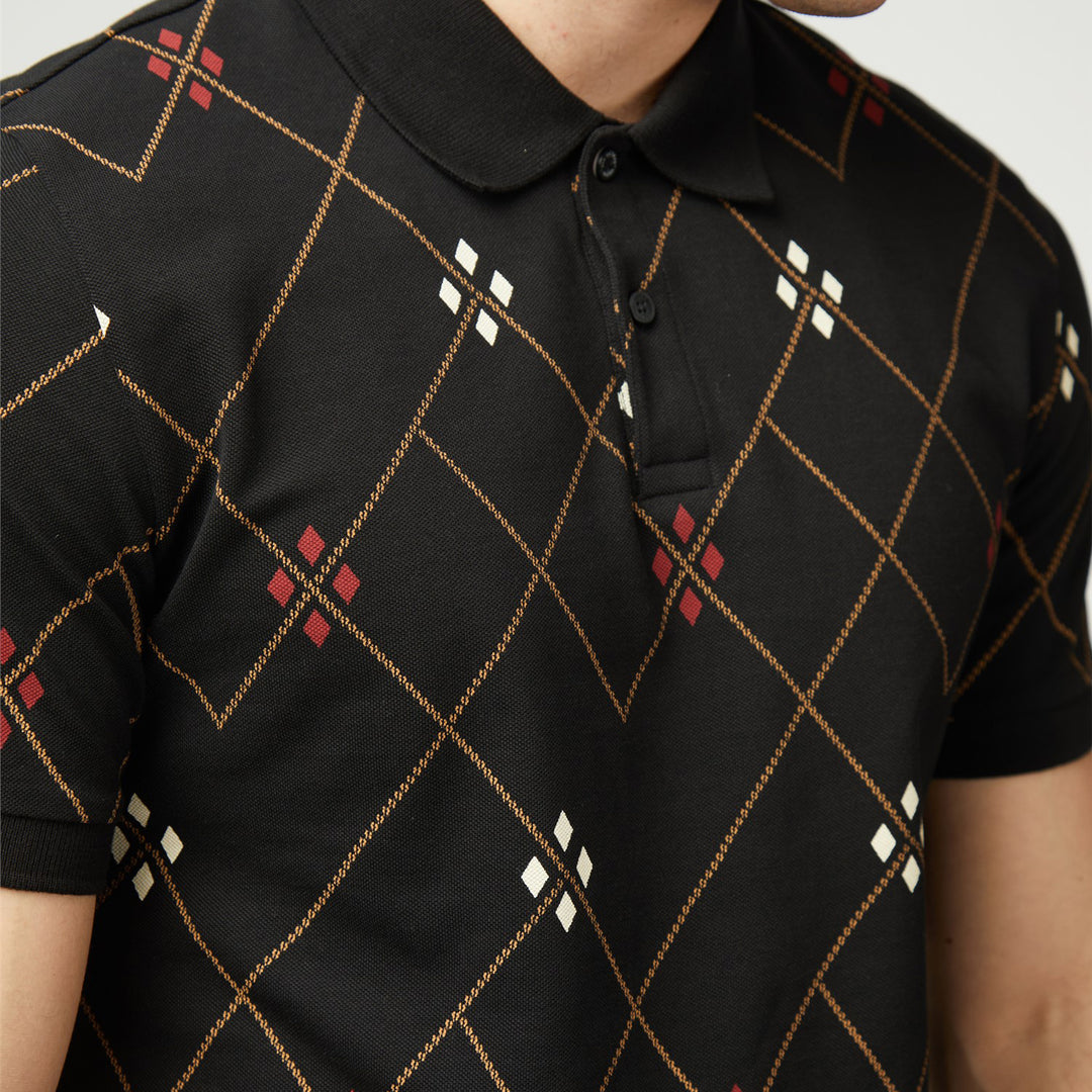 Ben Sherman Argyle Knit Polo Shirt Black