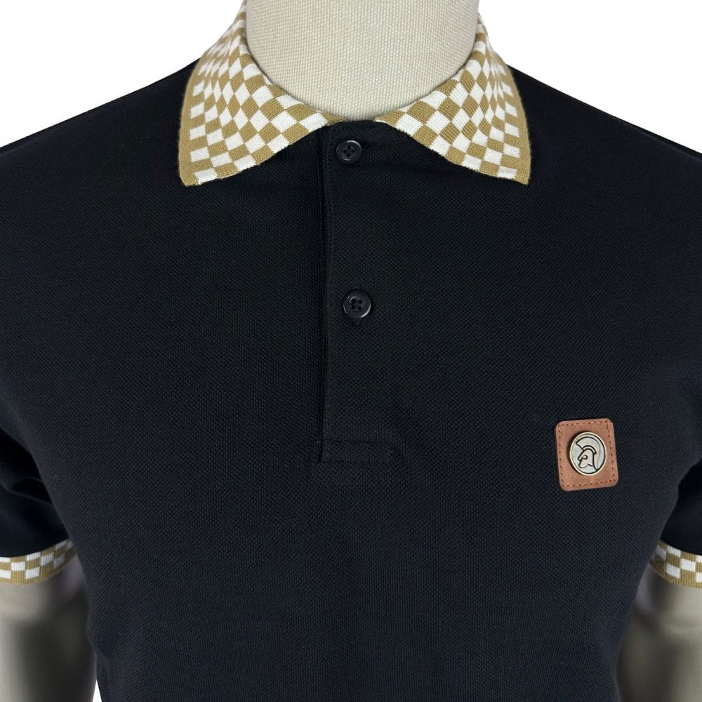 Trojan Chequered Trim Polo Shirt Black/Beige