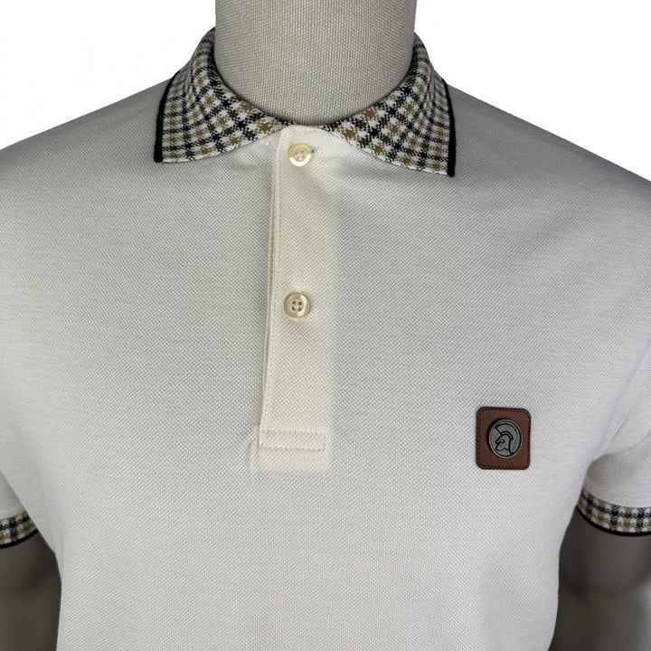 Trojan Gingham Trim Polo Shirt Ecru