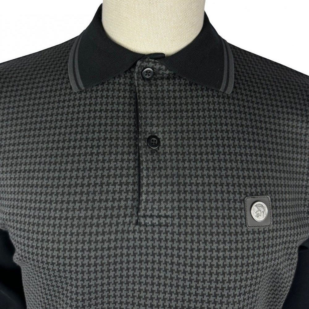 Trojan Houndstooth Panel LS Polo Shirt Black