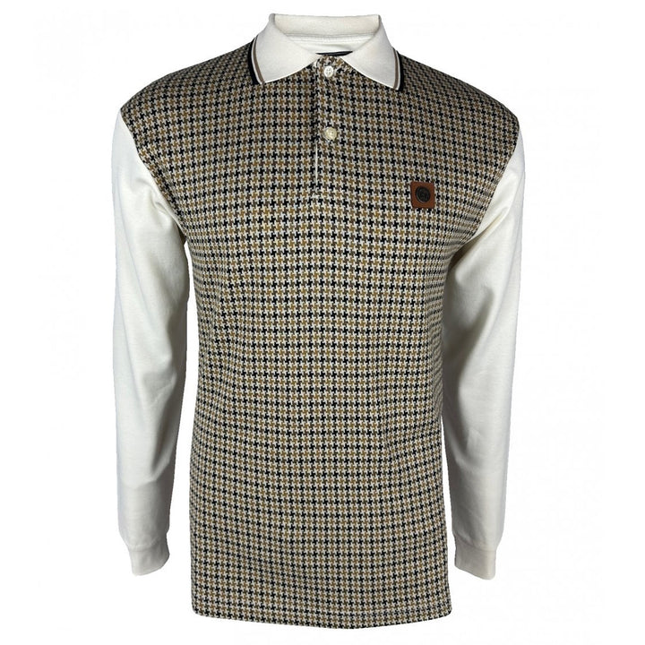 Trojan Houndstooth Panel LS Polo Shirt Ecru